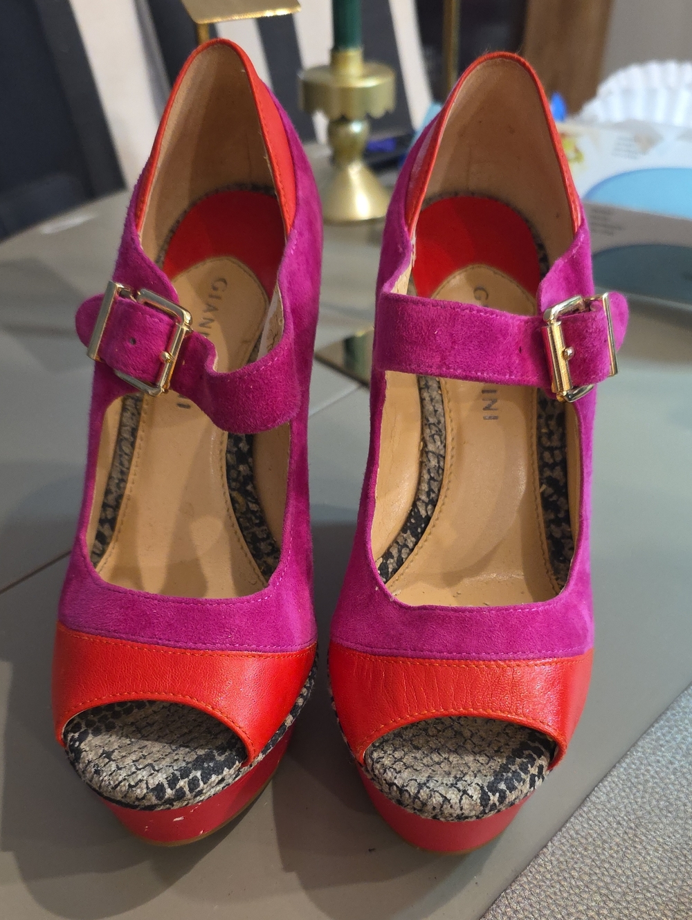 **Gianni Bini Fushia and Red-Orange Suede & Leather w/Snakeskin Platform Wedges